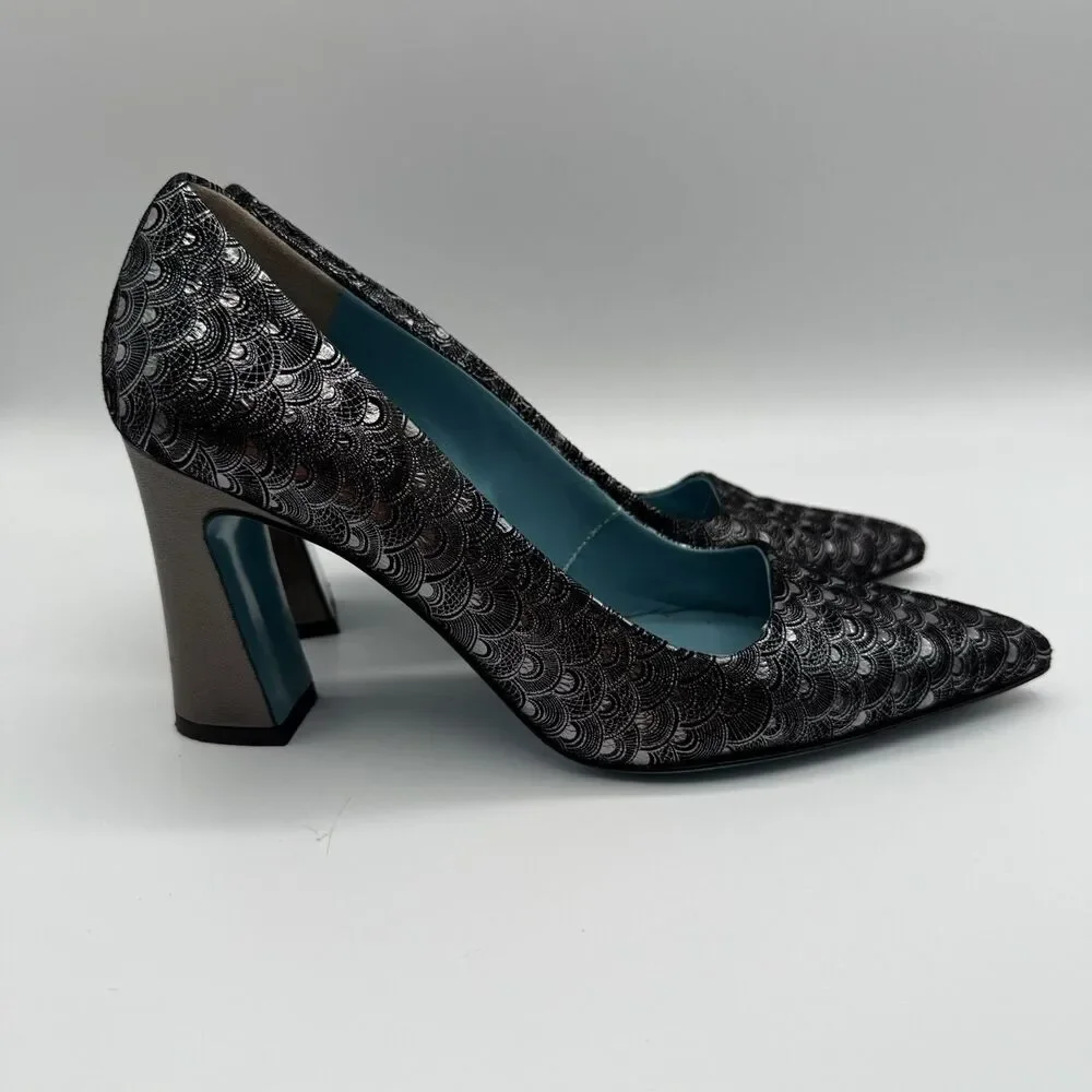 Valentina Rangoni Vintage Black Metallic Pumps 7.5M Pointed Toe Made Italy